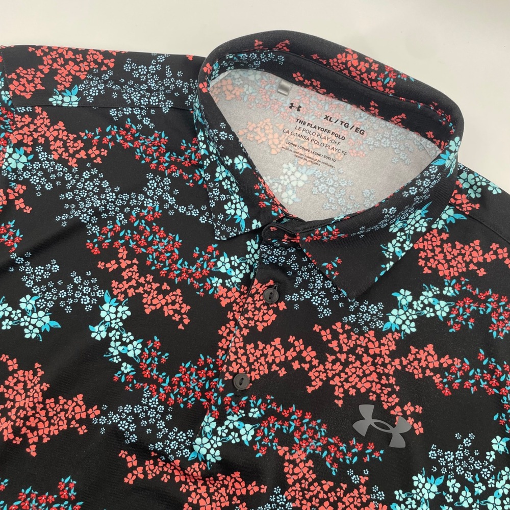 Under Armour Playoff Polo Mens XL Black Floral Short Sleeve Golf Shirt Loose Fit